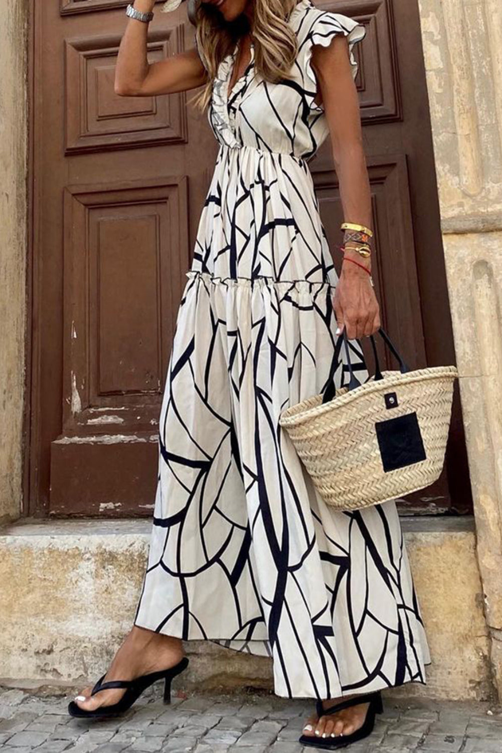 Blue Zone Planet | White Abstract Vein Print V Neck Ruffle Maxi Dress Blue Zone Planet