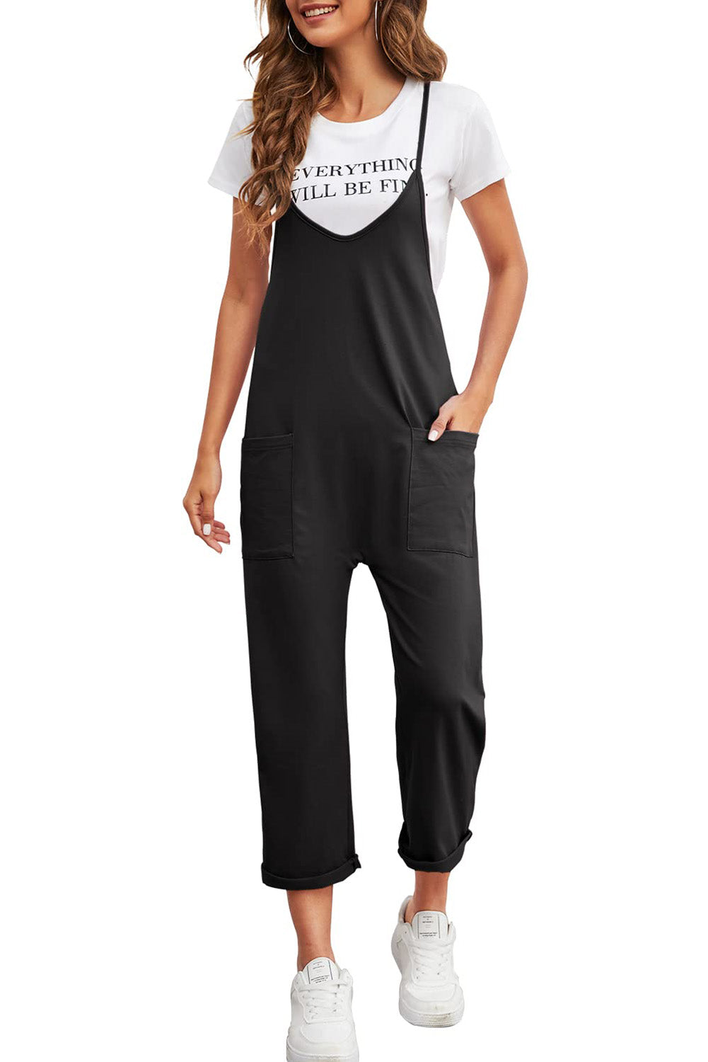 Rose Red Black Pocketed Adjustable Spaghetti Strap Straight Leg Jumpsuit Blue Zone Planet