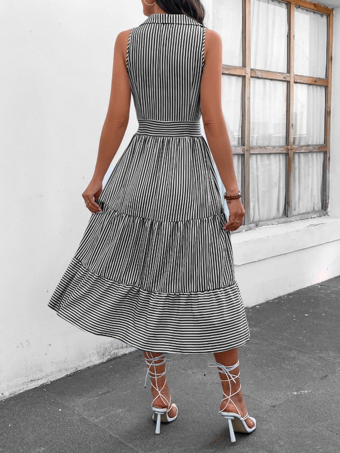 Striped Johnny Collar Sleeveless Midi Dress BLUE ZONE PLANET