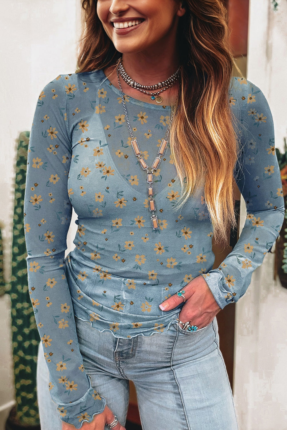 Sky Blue Vintage Floral Print Southern Style Mesh Long Sleeve Top