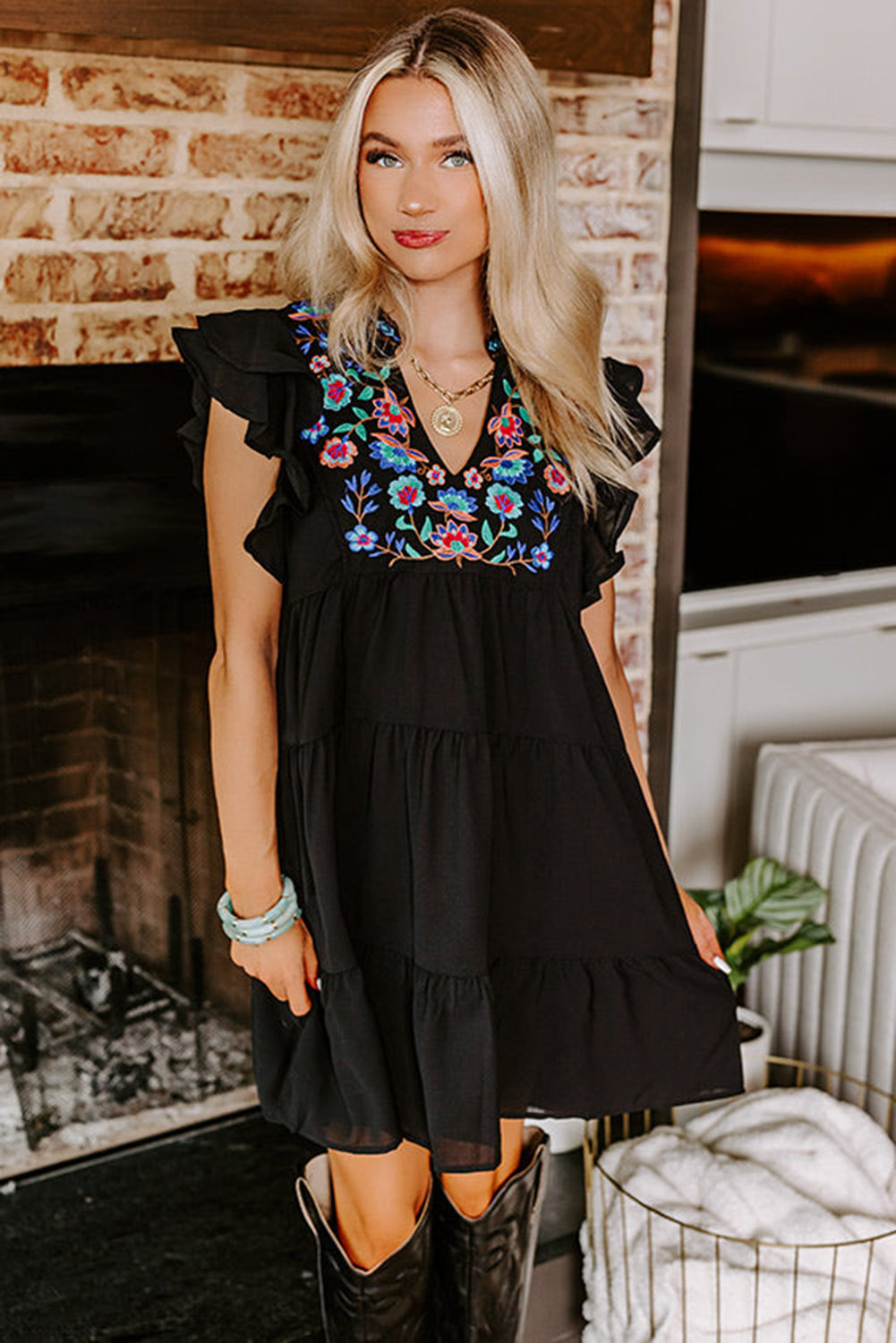 Blue Zone Planet | Black Floral Embroidered Tiered Ruffled Mini Dress Blue Zone Planet