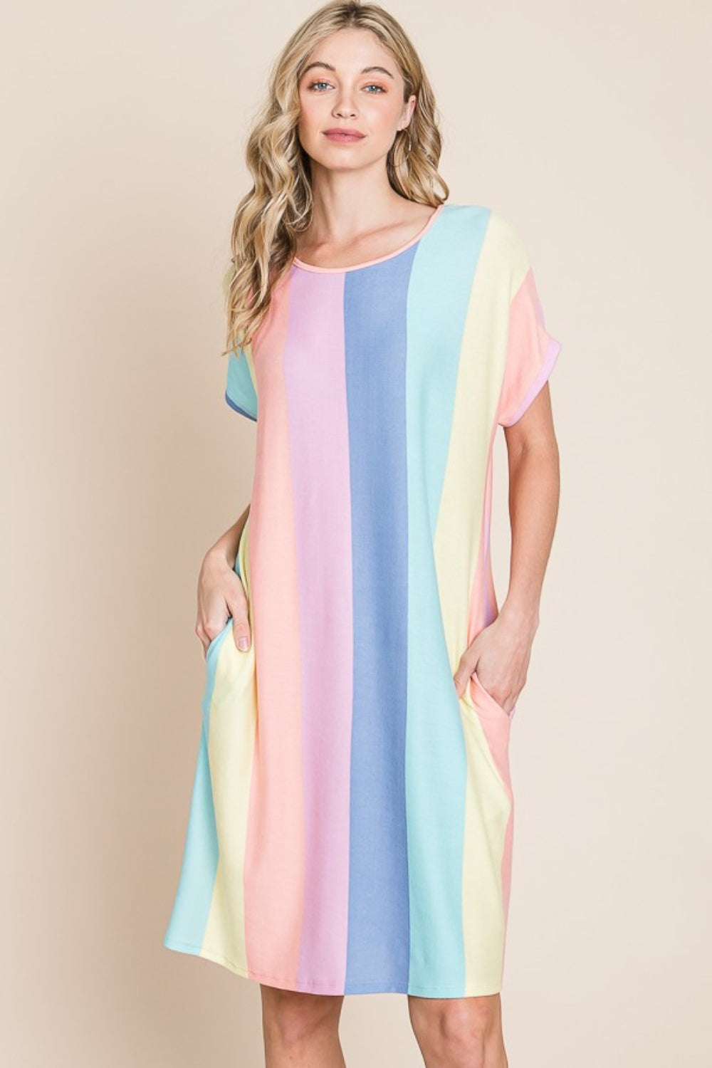 Blue Zone Planet | BOMBOM Striped Short Sleeve Dress with Pockets BLUE ZONE PLANET