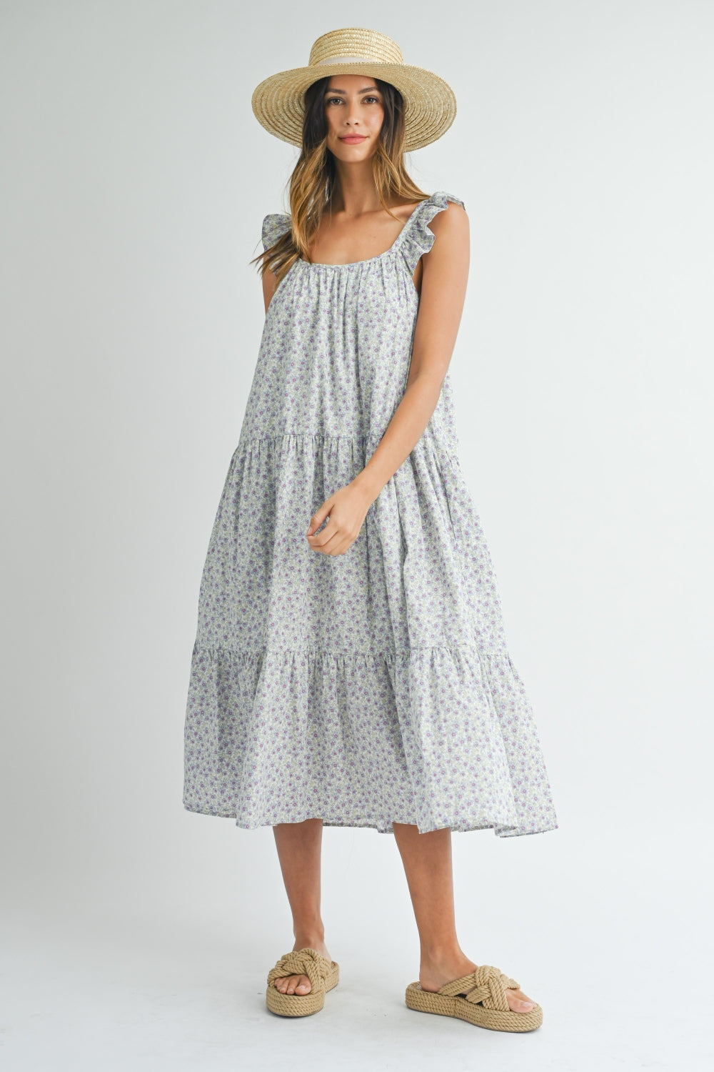 Mable Floral Ruffle Shoulder Tiered Midi Dress