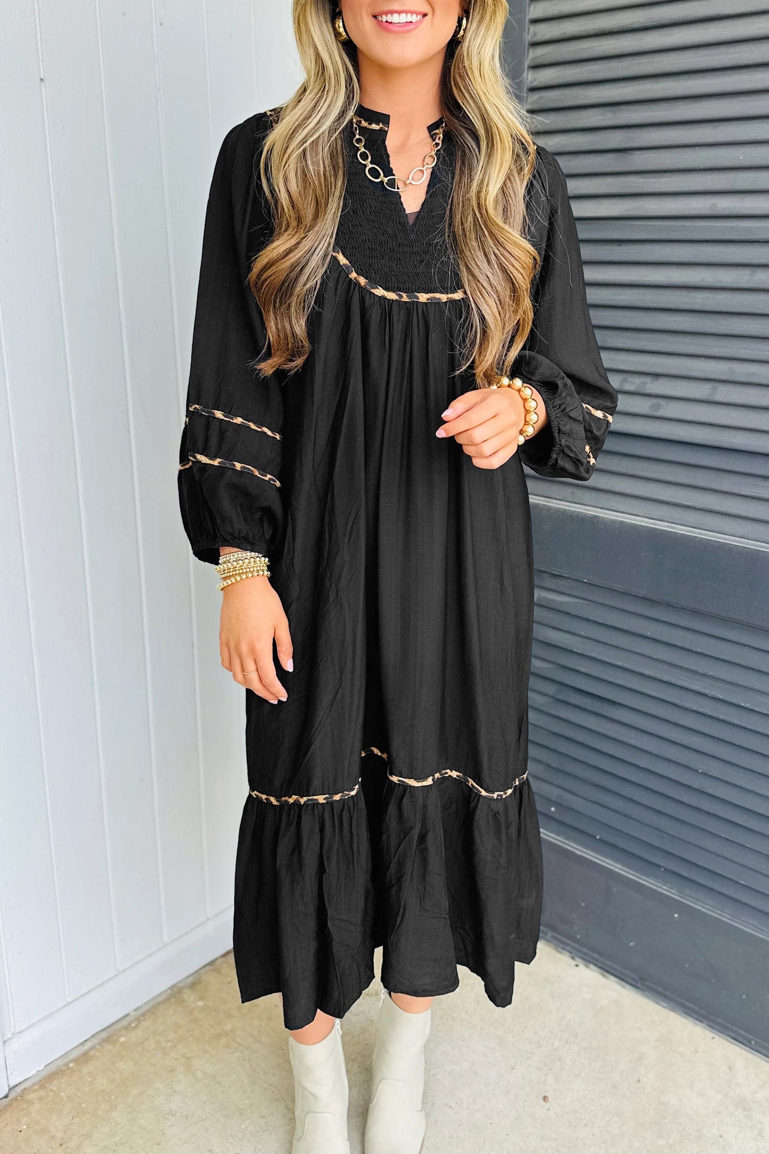Black Contrast Leopard Trim Split Neck Long Sleeve Casual Midi Dress Black / M / 100%Viscose