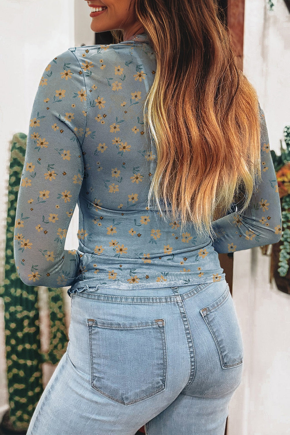 Sky Blue Vintage Floral Print Southern Style Mesh Long Sleeve Top