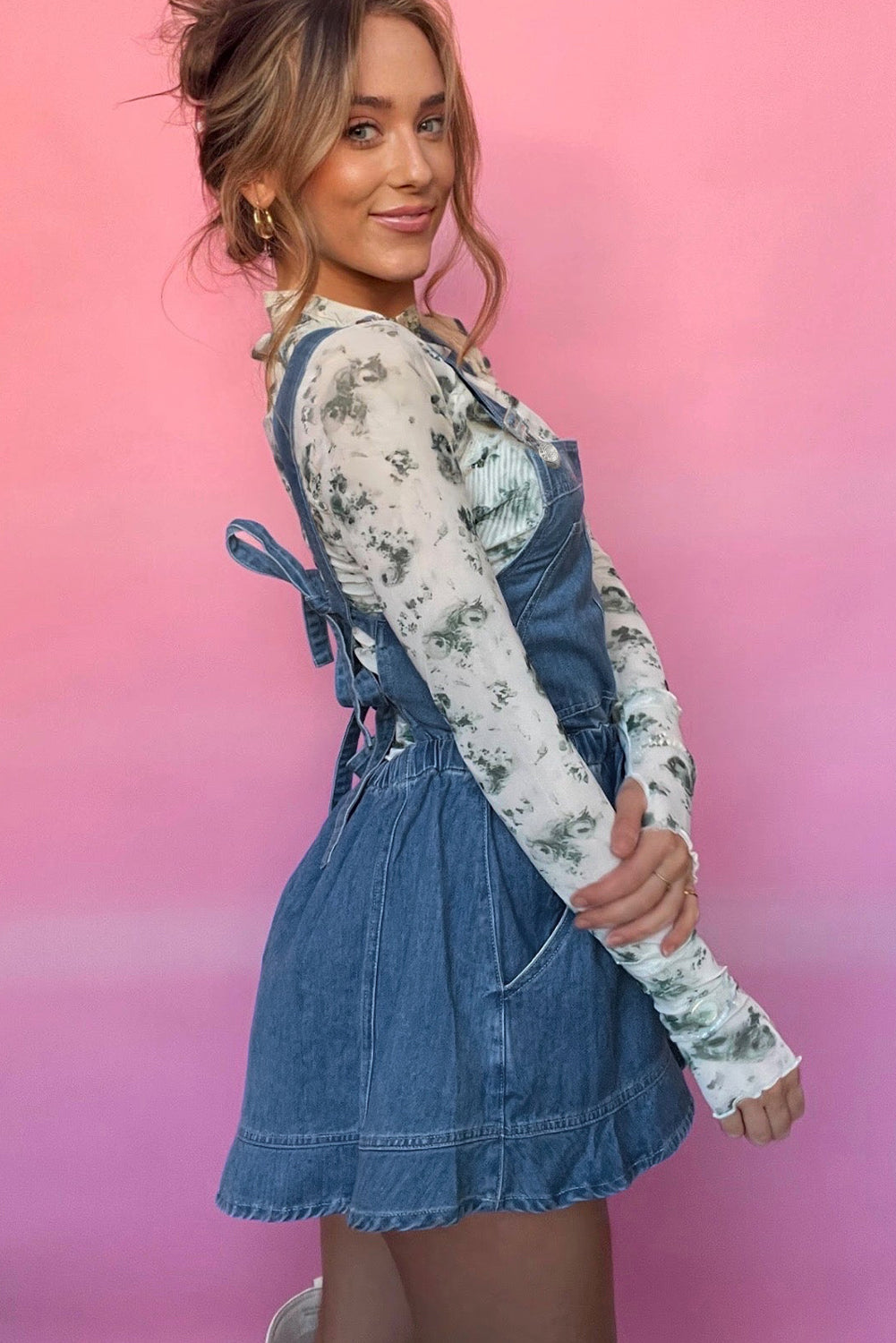 Sky Blue Buckle Straps Bib Style Drawstring Tied Backless Flared Denim Romper