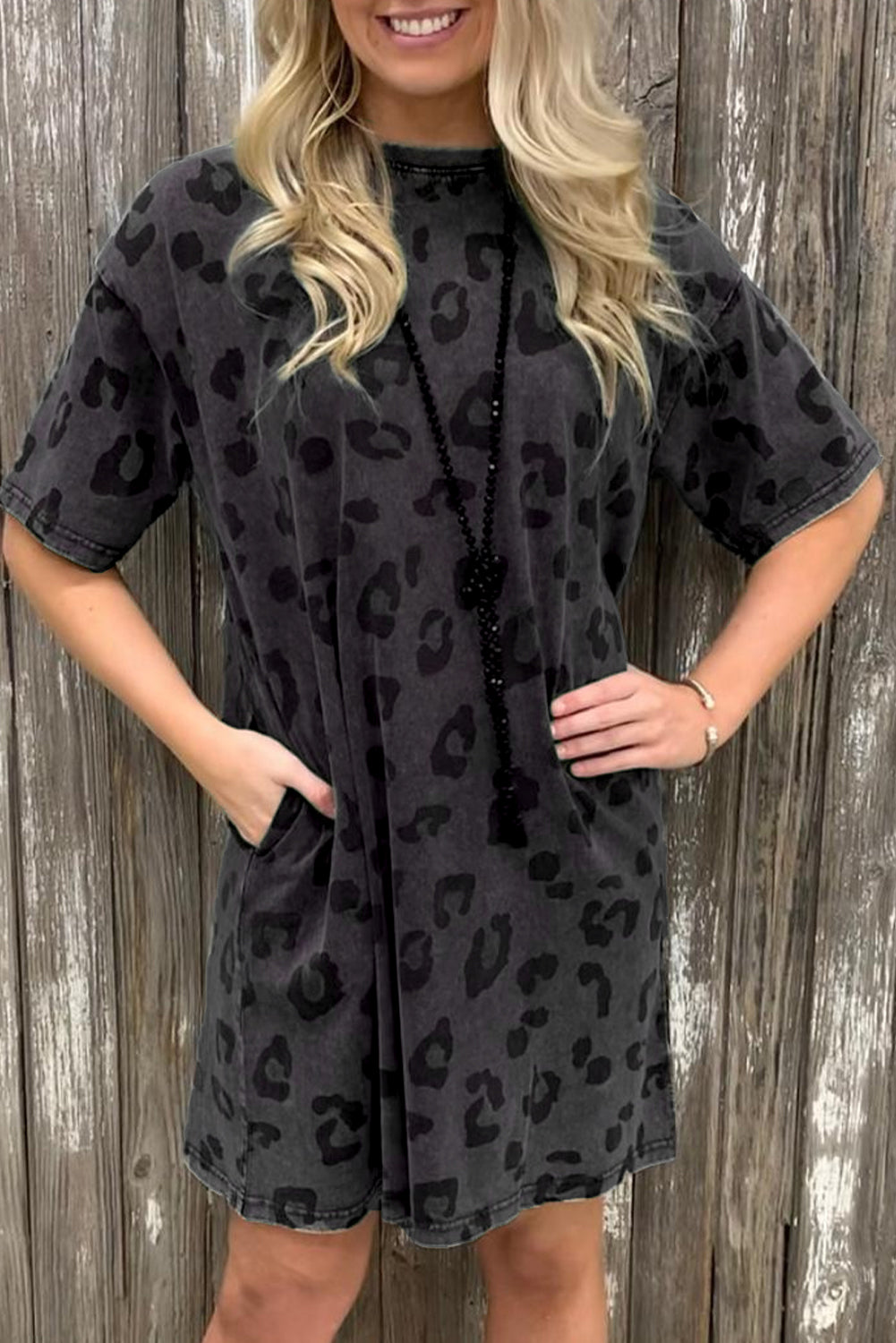 Blue Zone Planet | Gray Vintage Washed Leopard T-Shirt Dress with Pockets Blue Zone Planet