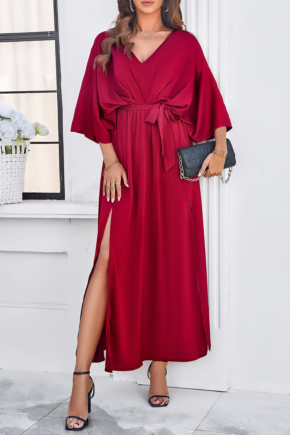 Slit Tied V-Neck Three-Quarter Sleeve Dress BLUE ZONE PLANET