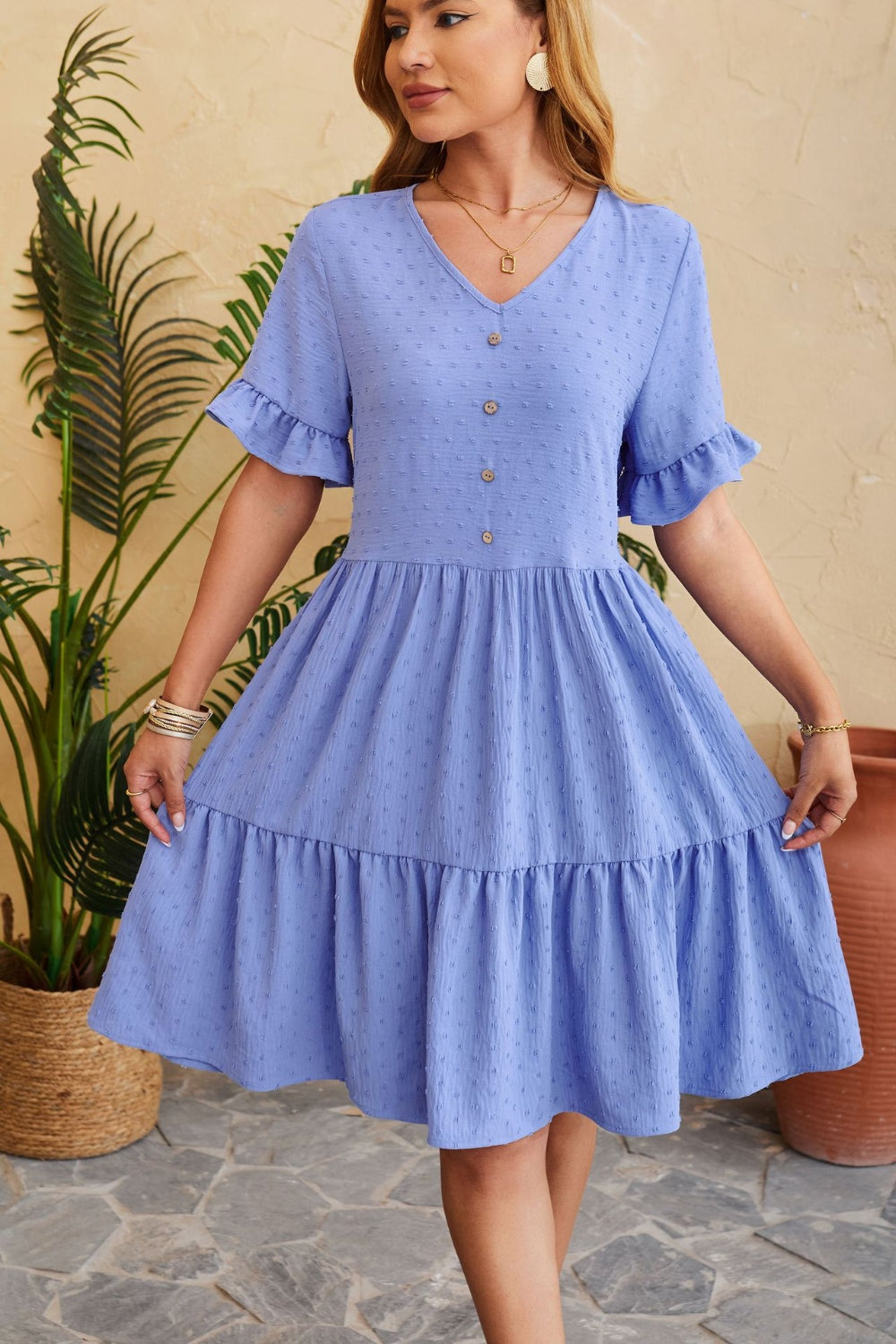 Blue Zone Planet | Swiss Dot Ruffled V-Neck Tiered Dress BLUE ZONE PLANET