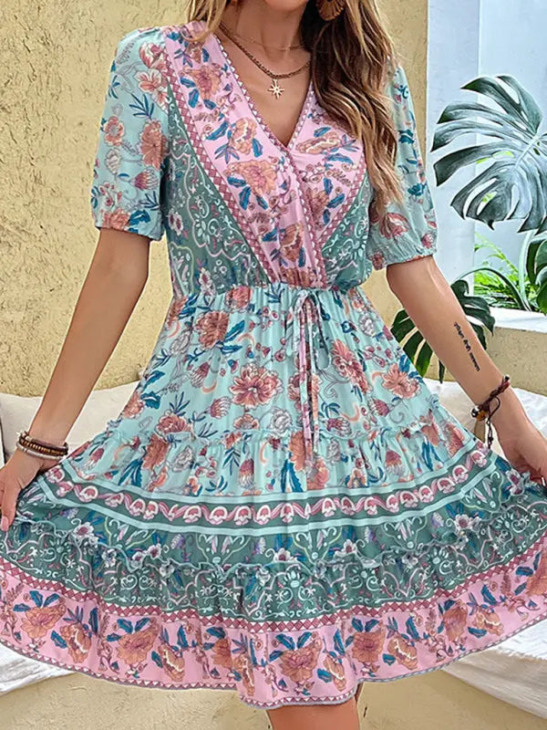 floral waist skirt printed ethnic style bohemian dress kakaclo