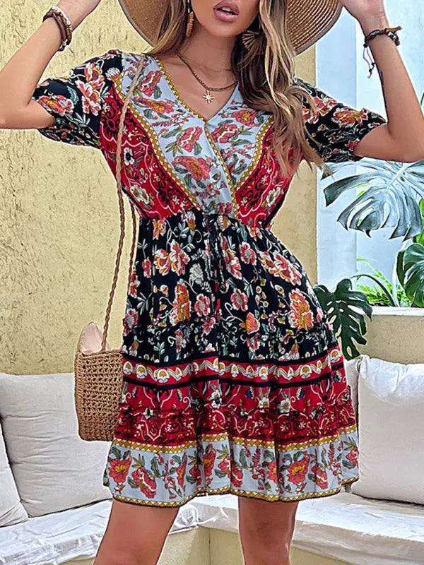 floral waist skirt printed ethnic style bohemian dress kakaclo