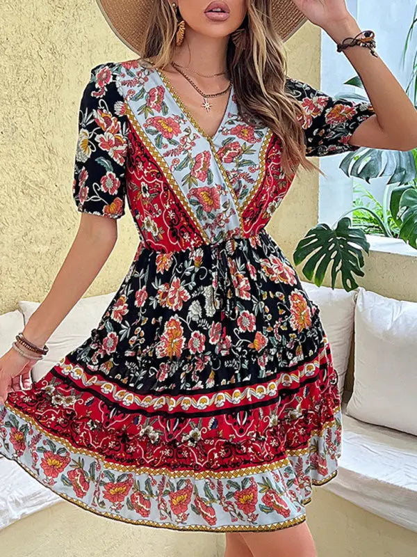 floral waist skirt printed ethnic style bohemian dress kakaclo