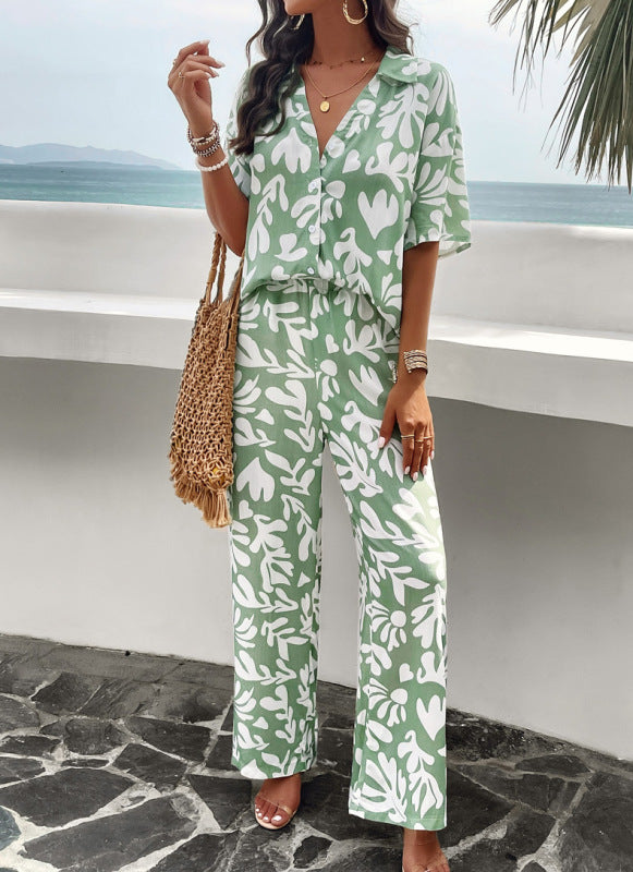 Blue Zone Planet | Elegant printed short-sleeved trousers two-piece suit kakaclo