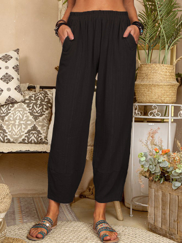 Blue Zone Planet | Solid Color Loose Cotton Linen Pants Home Harem Pants BLUE ZONE PLANET