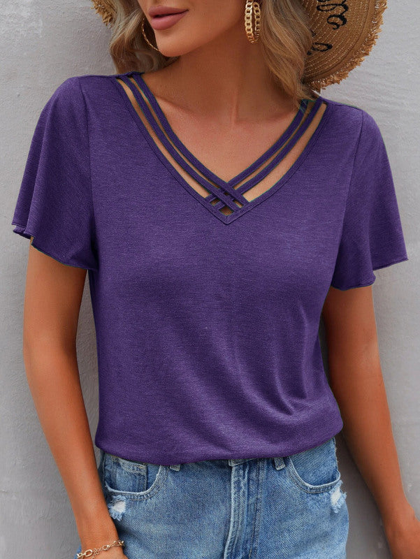 Blue Zone Planet | Solid Color Ruffle Sleeve Short Sleeve Top T-Shirt BLUE ZONE PLANET