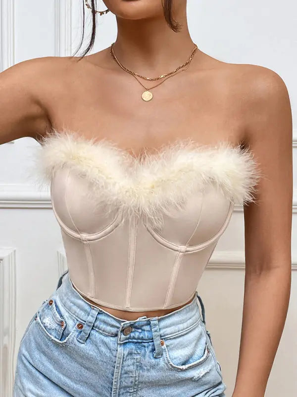 hot girl low-cut eyelash splicing short feather steel ring fishbone top BLUE ZONE PLANET