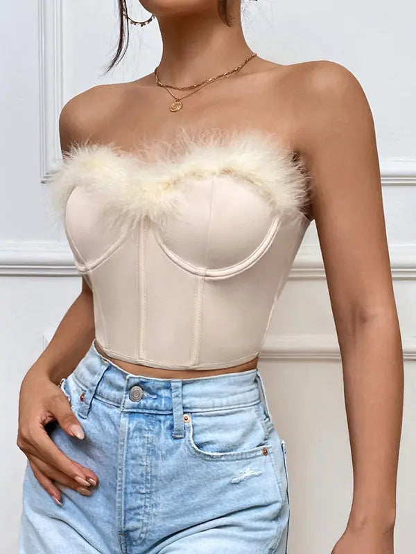 hot girl low-cut eyelash splicing short feather steel ring fishbone top BLUE ZONE PLANET