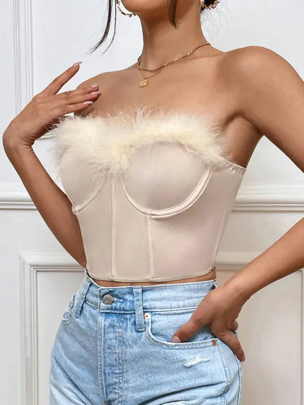hot girl low-cut eyelash splicing short feather steel ring fishbone top BLUE ZONE PLANET