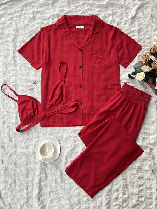 solid color knitted pajamas three-piece set BLUE ZONE PLANET