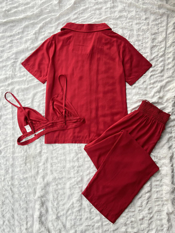 solid color knitted pajamas three-piece set BLUE ZONE PLANET