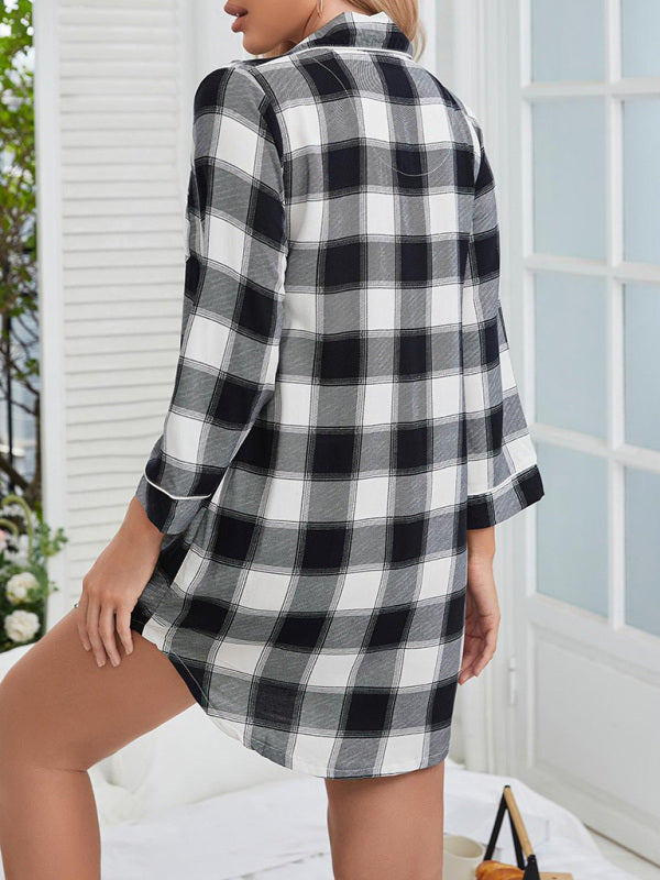 Plaid Long Sleeve Cardigan Home Pajamas Dress kakaclo