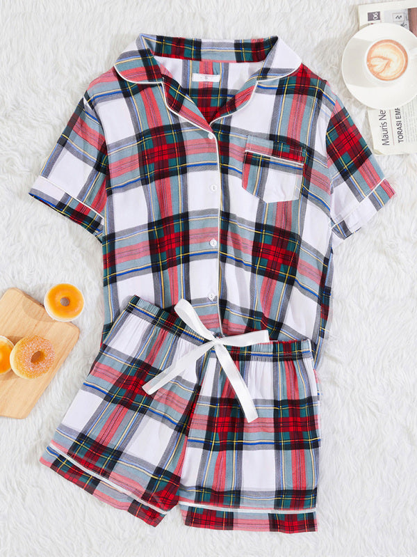 Blue Zone Planet | Plaid Short Sleeve Shorts Homewear Set BLUE ZONE PLANET