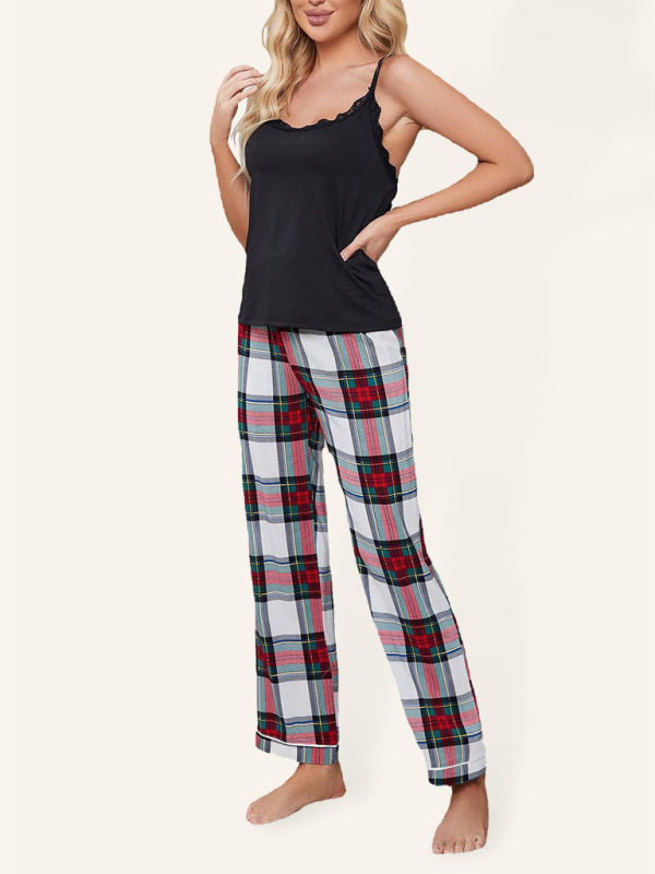 Blue Zone Planet | Knitted Spaghetti Straps Plaid Trousers Homewear Set BLUE ZONE PLANET