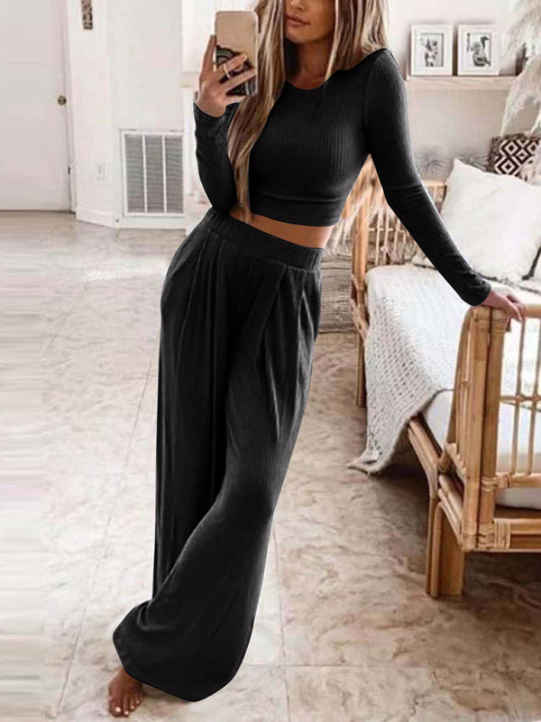 Solid Color Knitted Home Two-Piece Suit BLUE ZONE PLANET
