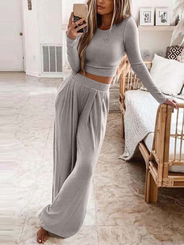 Solid Color Knitted Home Two-Piece Suit BLUE ZONE PLANET