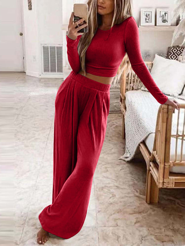 Solid Color Knitted Home Two-Piece Suit BLUE ZONE PLANET