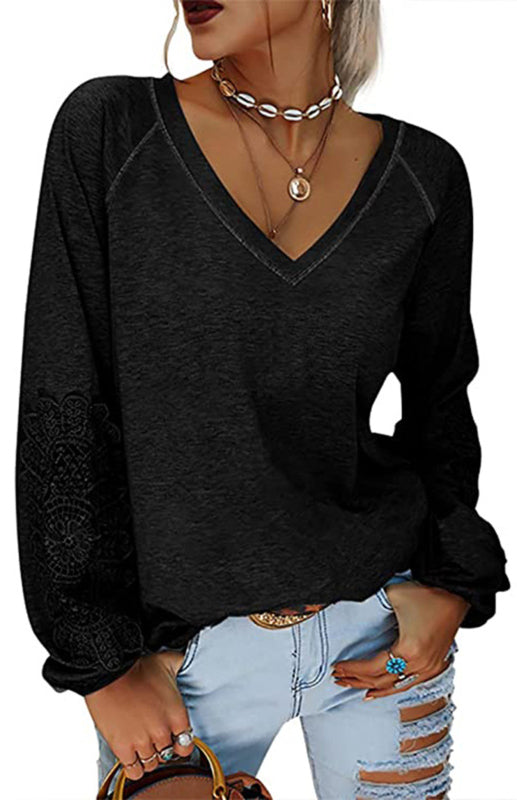 Fashion V Neck Lace Top BLUE ZONE PLANET