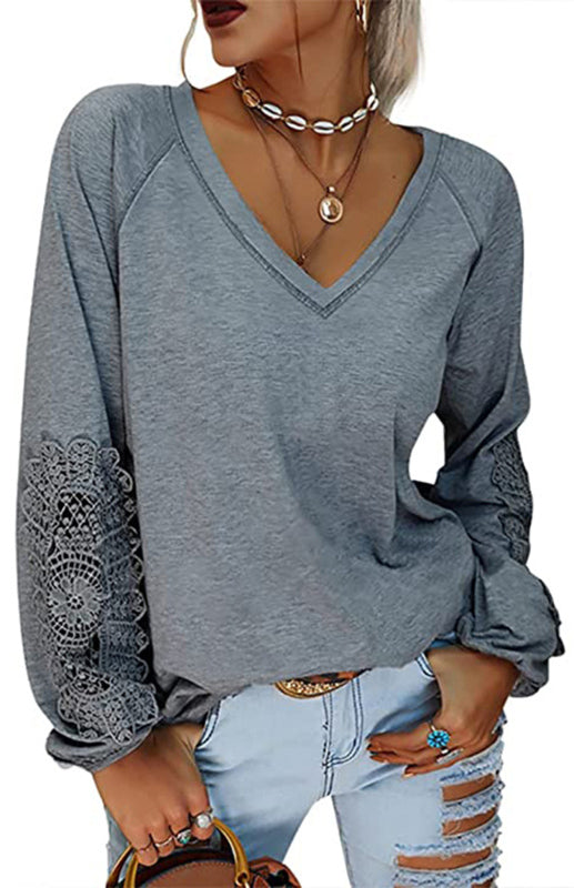 Fashion V Neck Lace Top BLUE ZONE PLANET