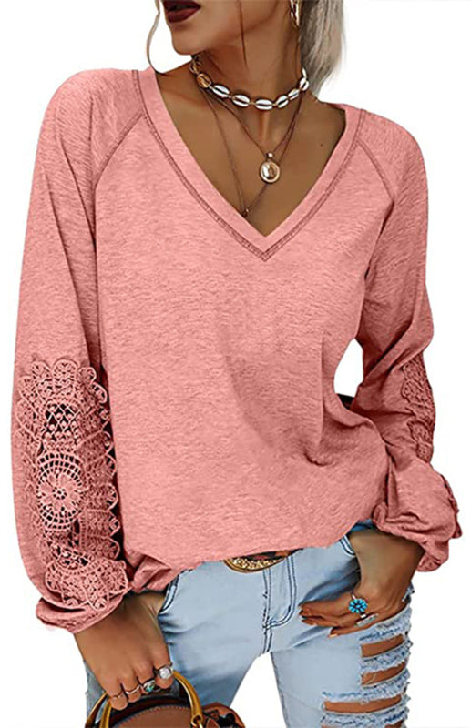 Fashion V Neck Lace Top BLUE ZONE PLANET