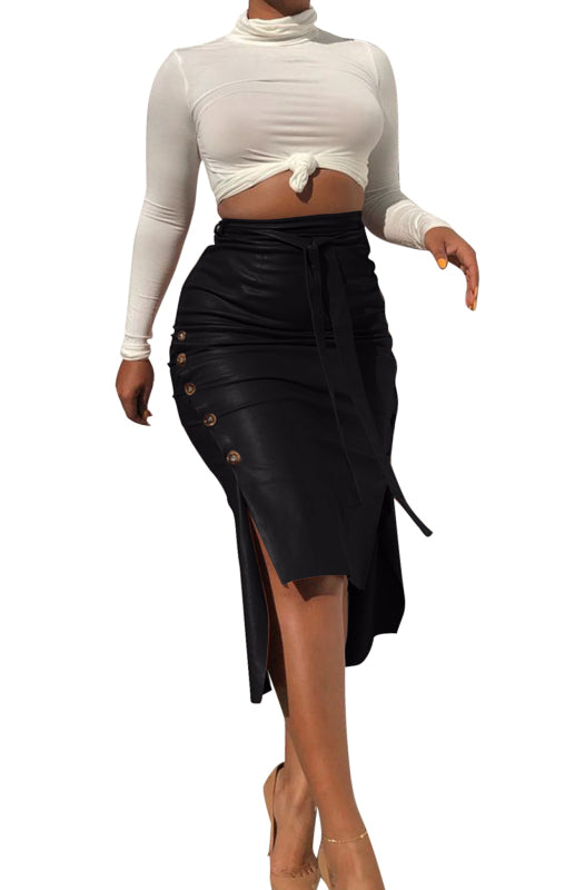 Ladies Casual Fashion Slit Mid Length Slim Skirt-[Adult]-[Female]-Black-S-2022 Online Blue Zone Planet