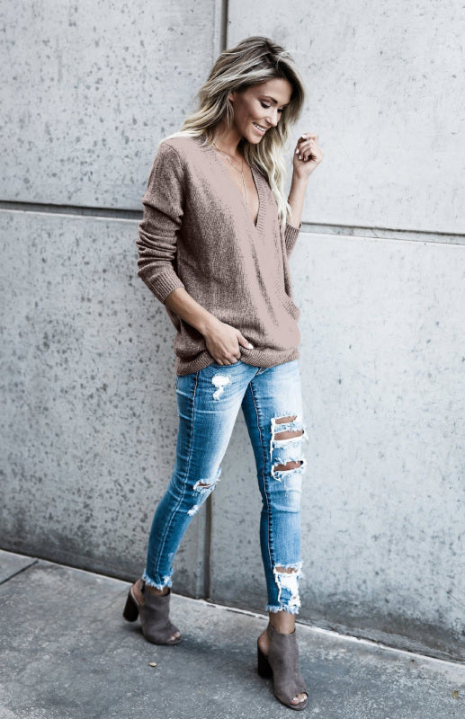 Wool Knitted Long-Sleeved Big V-Neck Long-Sleeved T-Shirt Loose Clothing BLUE ZONE PLANET