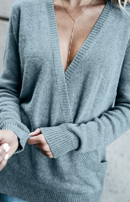 Wool Knitted Long-Sleeved Big V-Neck Long-Sleeved T-Shirt Loose Clothing BLUE ZONE PLANET