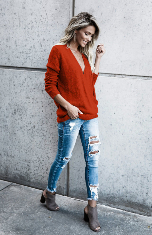 Wool Knitted Long-Sleeved Big V-Neck Long-Sleeved T-Shirt Loose Clothing BLUE ZONE PLANET