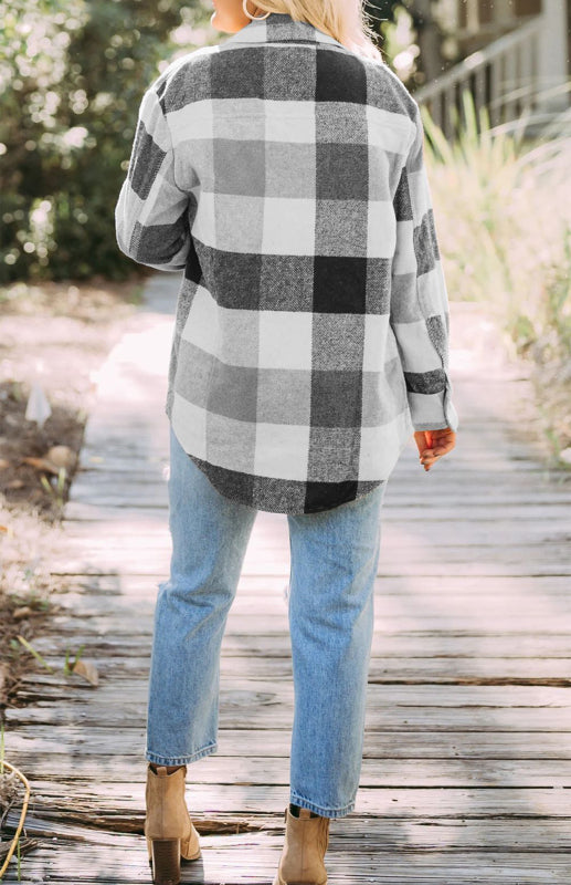 Blue Zone Planet | Plaid Shirt Single-Breasted Woolen Coat BLUE ZONE PLANET