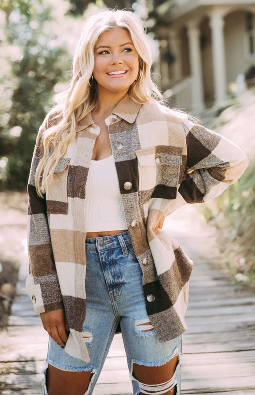 Blue Zone Planet | Plaid Shirt Single-Breasted Woolen Coat BLUE ZONE PLANET