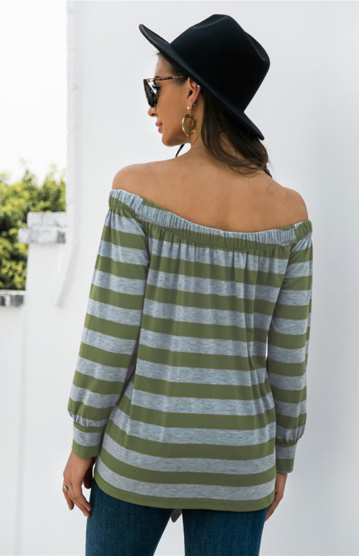 Blue Zone Planet | Striped Blouse With One-Shoulder Button Decoration And Tie Knot BLUE ZONE PLANET