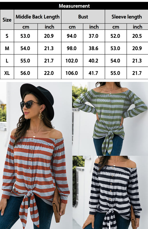 Blue Zone Planet | Striped Blouse With One-Shoulder Button Decoration And Tie Knot BLUE ZONE PLANET
