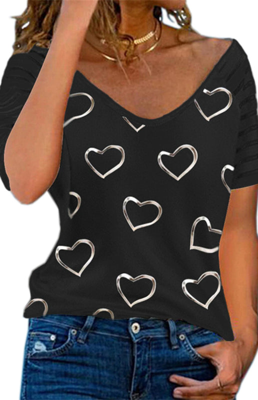 Blue Zone Planet | Heart Print Round Neck Short Sleeve Top BLUE ZONE PLANET