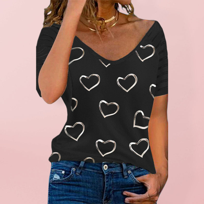 Blue Zone Planet | Heart Print Round Neck Short Sleeve Top BLUE ZONE PLANET