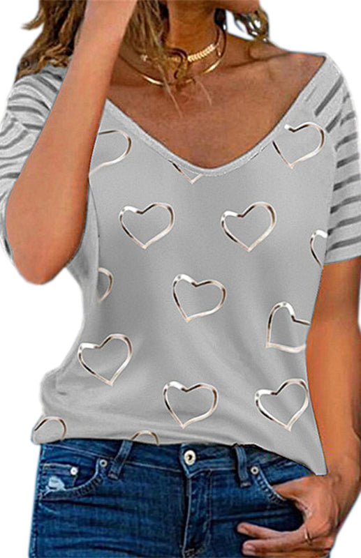 Blue Zone Planet | Heart Print Round Neck Short Sleeve Top BLUE ZONE PLANET