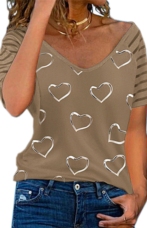 Blue Zone Planet | Heart Print Round Neck Short Sleeve Top BLUE ZONE PLANET