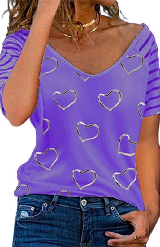 Blue Zone Planet | Heart Print Round Neck Short Sleeve Top BLUE ZONE PLANET