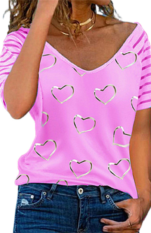 Blue Zone Planet | Heart Print Round Neck Short Sleeve Top BLUE ZONE PLANET