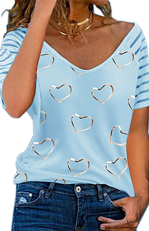 Blue Zone Planet | Heart Print Round Neck Short Sleeve Top BLUE ZONE PLANET