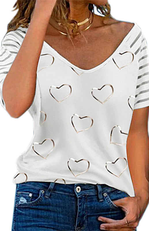 Blue Zone Planet | Heart Print Round Neck Short Sleeve Top BLUE ZONE PLANET