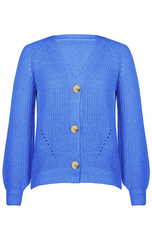 Blue Zone Planet | Solid V-Neck Lantern Sleeve Button Knit Cardigan kakaclo